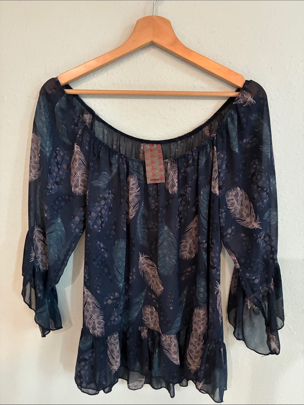 Nordstrom BP Y2K sheer blouse with feather print